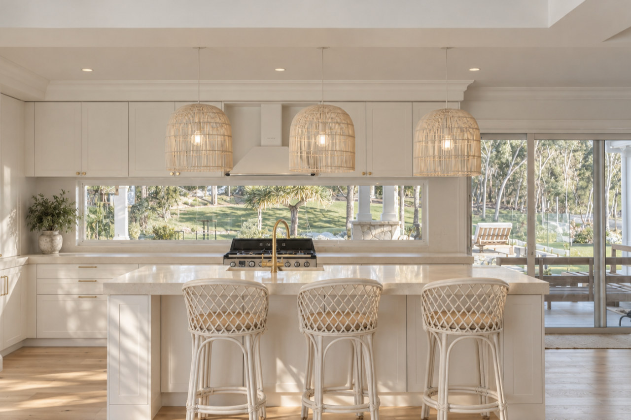 Kitchen, island bench and rattan pendants