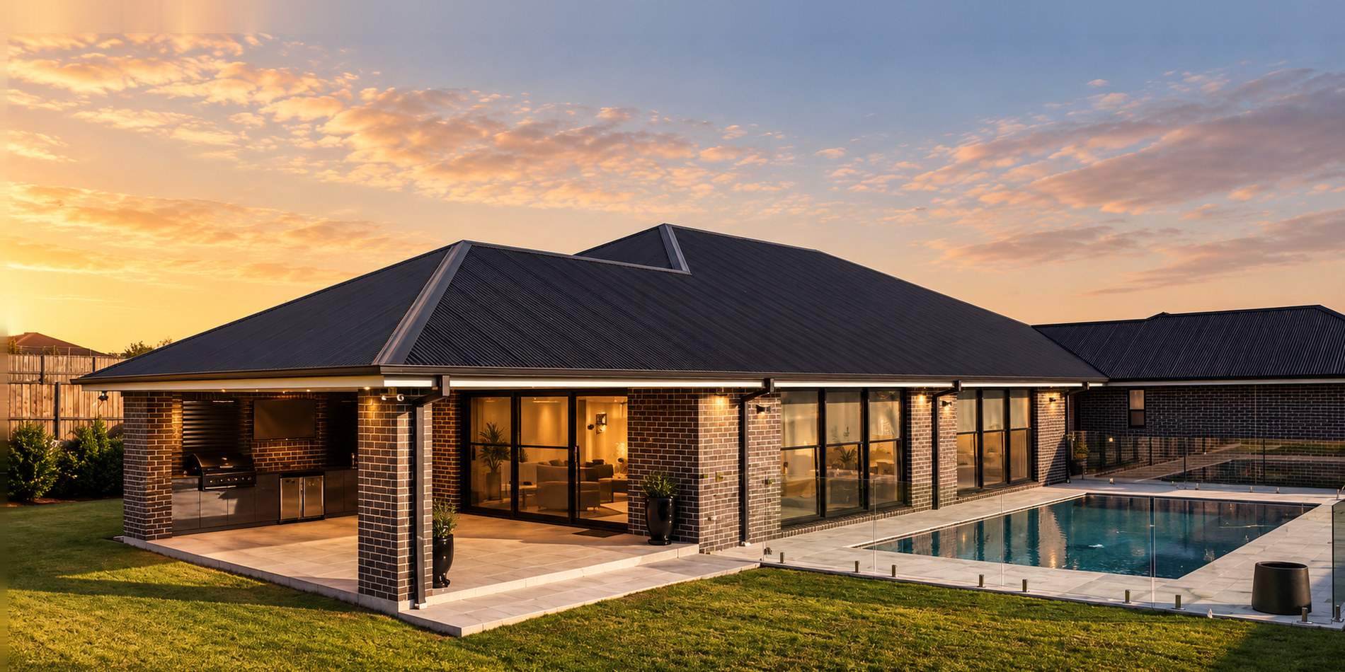The rear elevation, terrace and pool