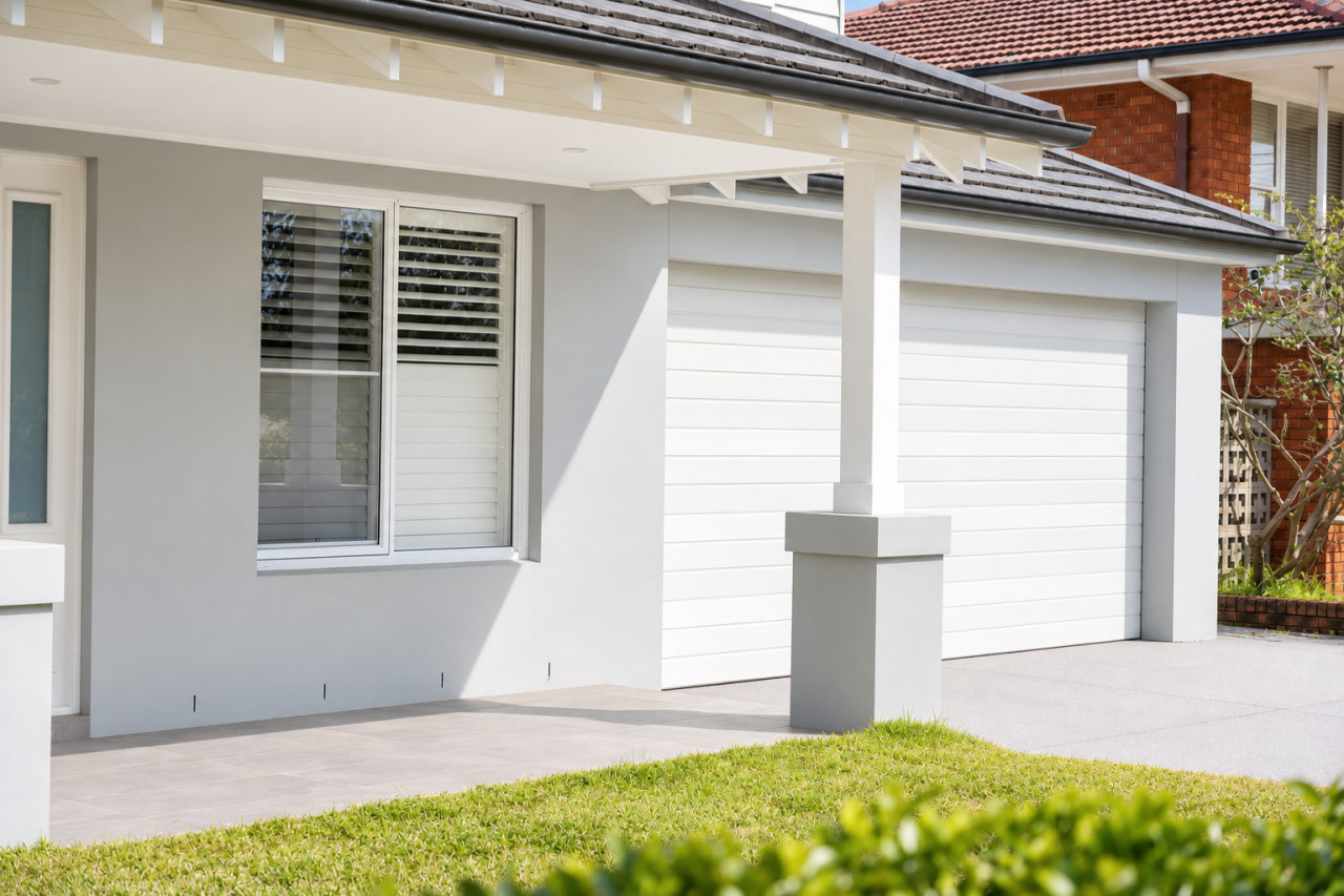 The portico meeting the garage
